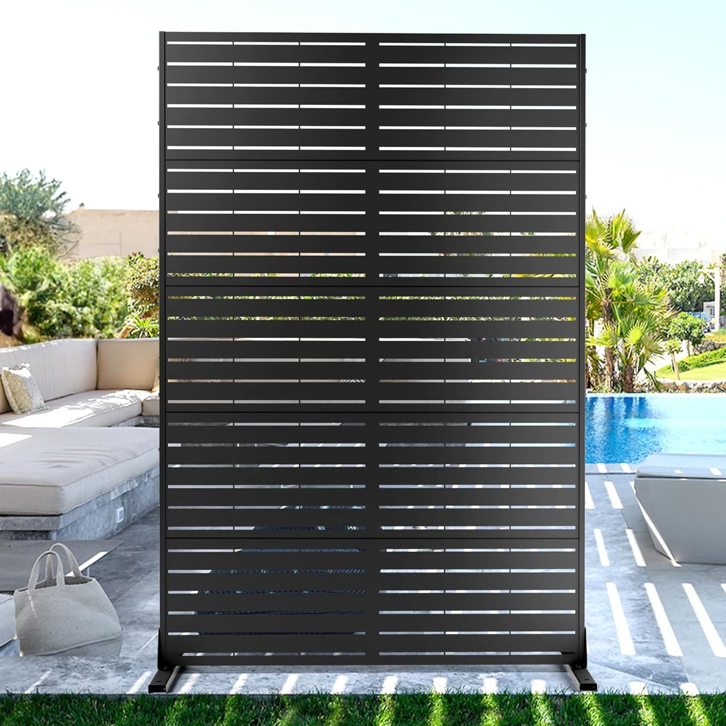FENCY Metal Privacy Screen with Stand 72" H×44" W Outdoor Freestanding Privacy Panels, Outdoor Privacy Screen for Deck Patio Balcony(Black-Louvered)
