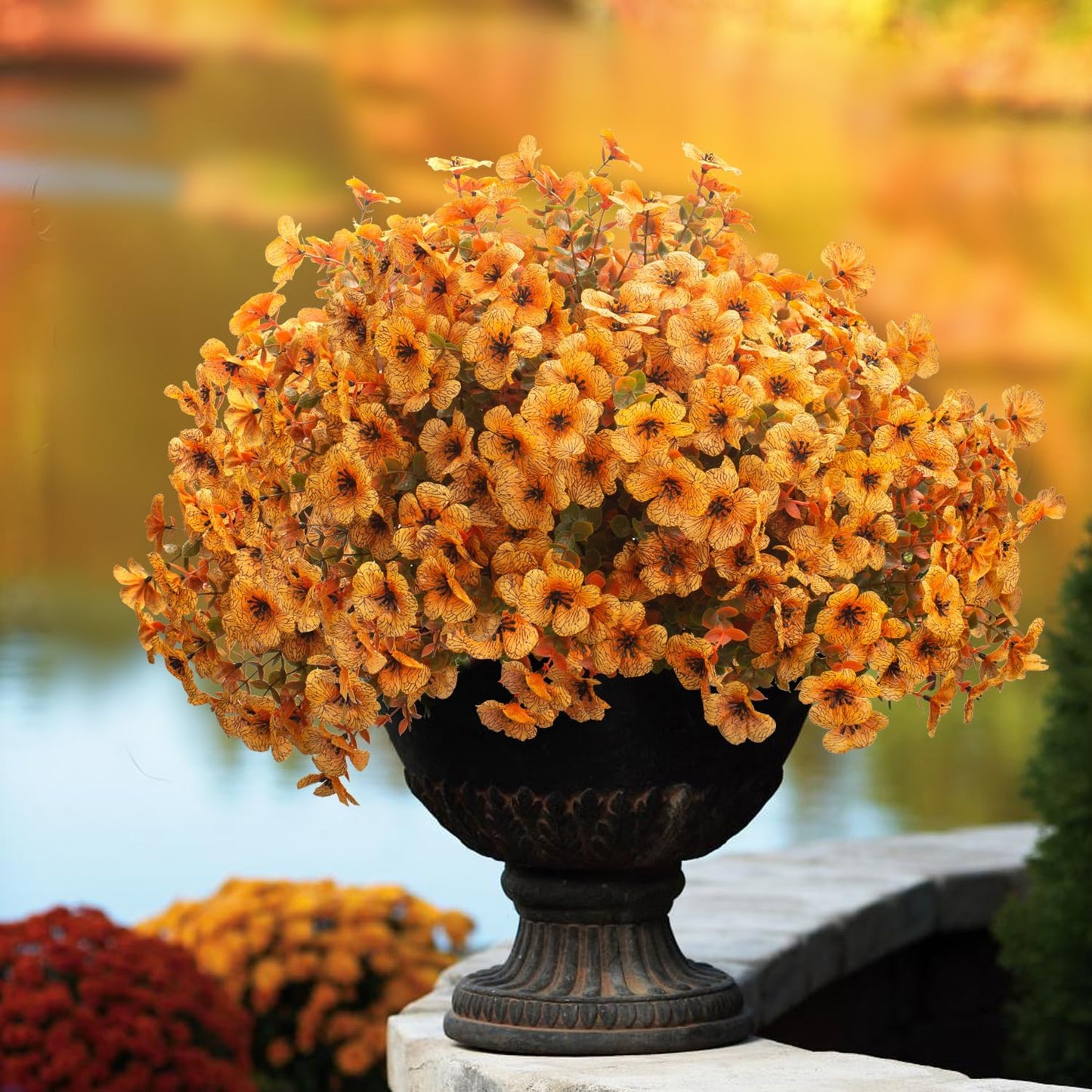 16 Bundles Artificial Fall Flowers UV Resistant Faux Greenery, All Weather Outdoor Autumn Decor for Thanksgiving Christmas Wedding Home Garden Fireplace Party Décor (Fall Orange Yellow)