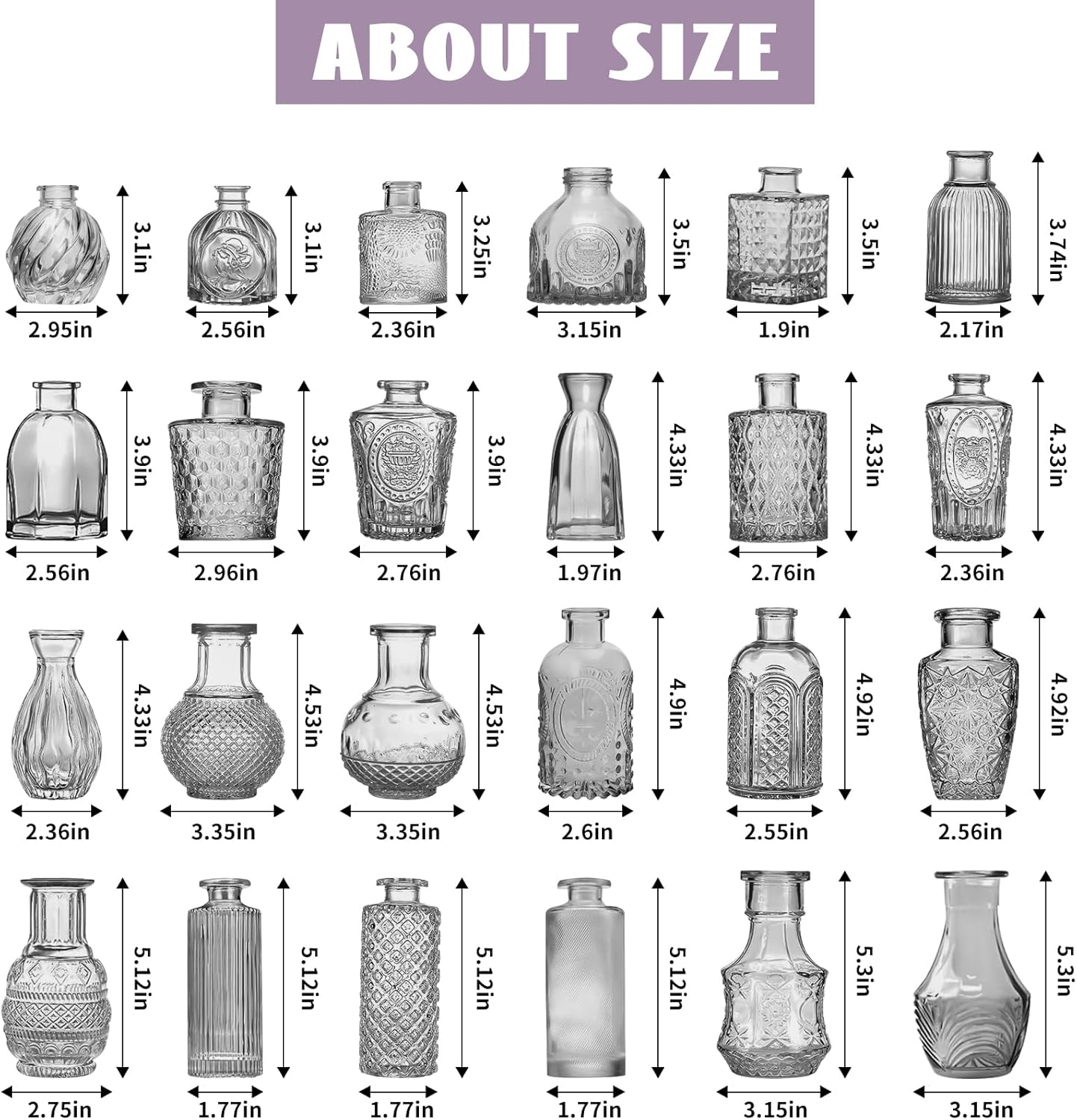 Dark Gray Bud Vases Set, 24 Pcs Vintage Small Vases for Flowers, Clear Crystal Mini Glasses in Bulk, Small Flower Design for Centerpieces Wedding Home Flower Party Decor