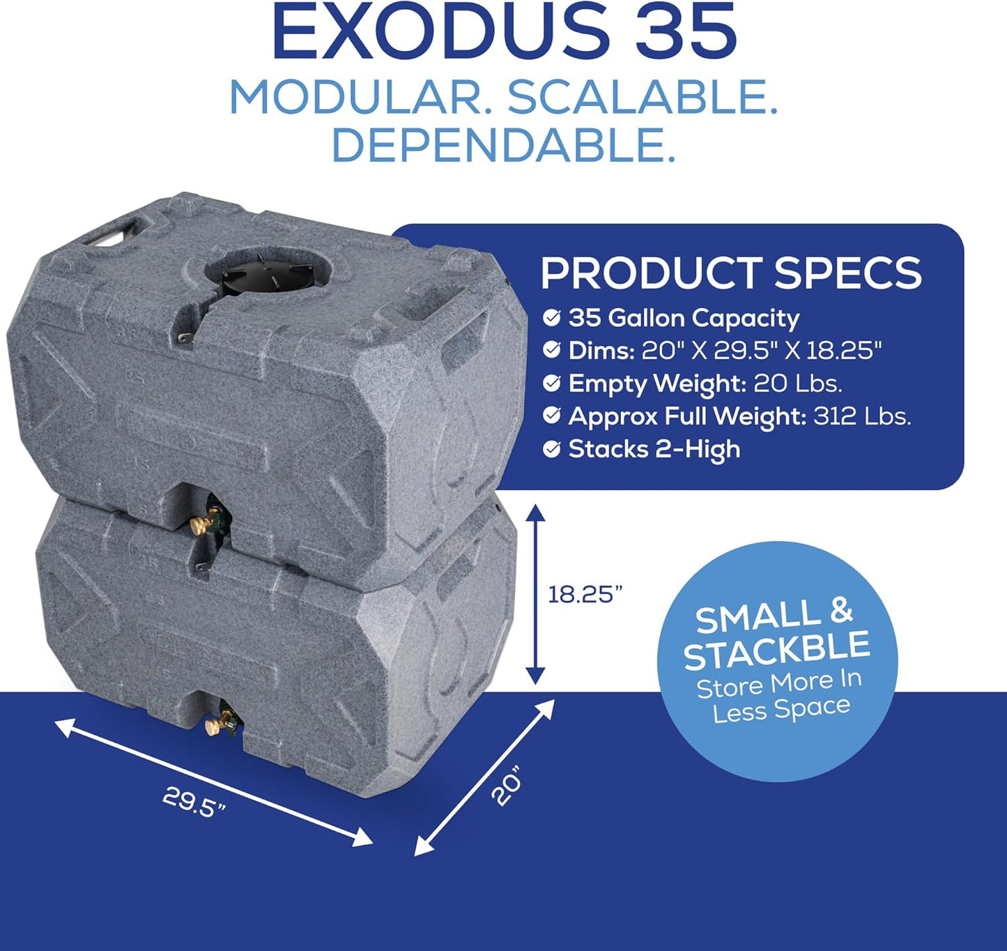 Exodus 35 Gallon Water Storage Tank by Rockwell Products | Emergency Water Storage Container | Stackable, BPA Free, Made in The USA (Granite)