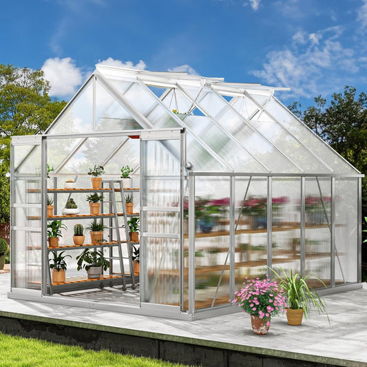 DWVO 8x10FT Polycarbonate Greenhouse for Outdoors, Large Heavy Duty Aluminum Greenhouses with Sliding Doors and Vent Window, Walk-in Greenhouse Large Sun House for Garden Backyard, Sliver