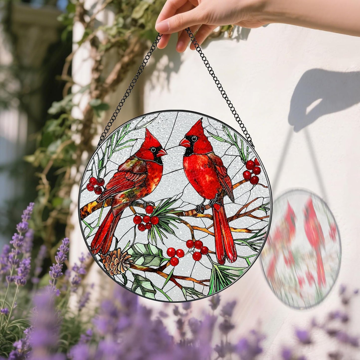 Cardinal Stained Glass Window Hanging, 8 Inch Sun Catchers Indoor Window, Suncatchers for Windows Hanging, Home Decor and Christmas, Festival, Mother's Day, Birthday, Cardinal Gifts for Women, Men