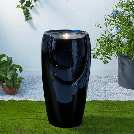 Glitzhome 29.25" H Oversized Ceramic Vase Outdoor Water Fountain Tall Patio Garden Water Fountain with LED Light and Submersible Pump Yard Art Decor, Black, 29.25”H