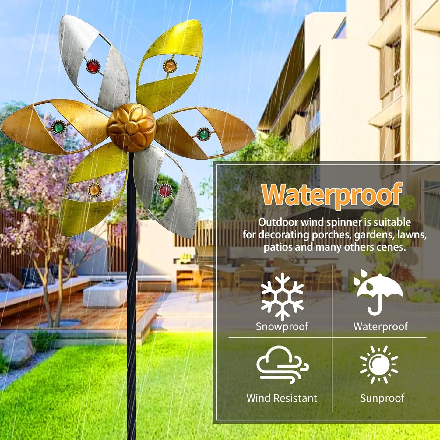 Wind Spinners Outdoor Metal, 10.63" W*37" H Pinwheels for Yard and Garden Decor, Kinetic Wind Sculpture Spinner (Gold Ornate Crystal Bead)