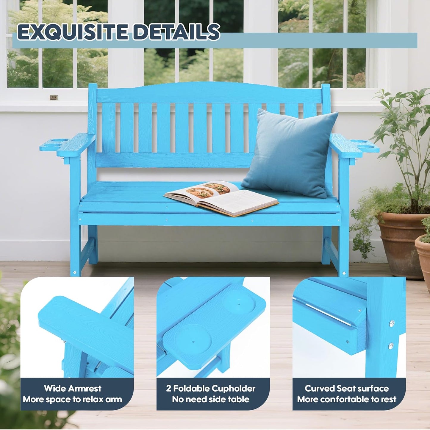 2-Person HIPS Outdoor Bench, Weatherproof Garden Bench with 800 lbs Weight Capacity, Artificial Wood Grains, Never Rot or Fade, Patio Benches for Garden, Porch, Balcony, Backyard,Park, Blue