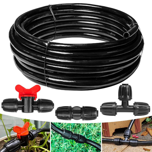 40 FT 1/2 inch Drip Irrigation Irrigation kit Main Line Supply Hose Tube for Garden Irrigation System (Includes 1/2"" Straight Connector, 3-Way Connector, Switch Valve), Black