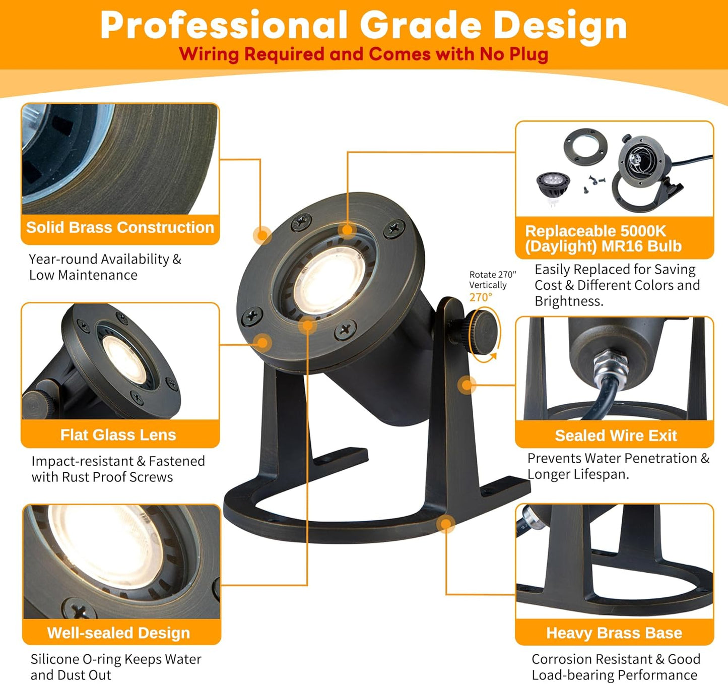 Submersible Pond Light - 12V Low Voltage IP68 Waterproof, Solid Brass Underwater Light with 5000K MR16 LED Bulb, for Water Fountains, Waterfalls, Pool and Outdoor Landscape Lighting(4 Pack)