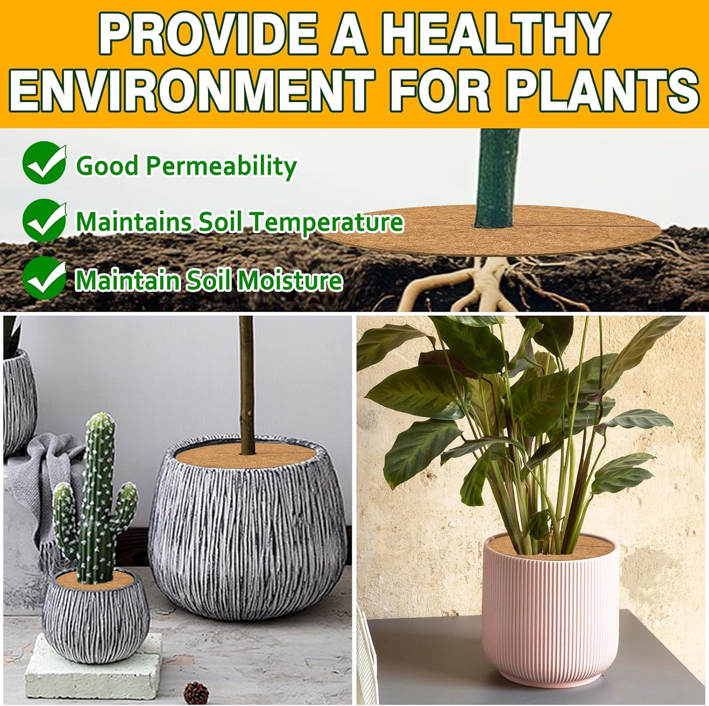 ZeeDix 6 Pack Coconut Fiber Mulch Ring, 24 Inch Coco Coir Tree Ring Mulch Mat, 100% Natural Tree Protector Mat Plant Cover Ring Coconut Coir Discs Tree Mats Mulch Rings for Indoor Outdoor Trees Plants