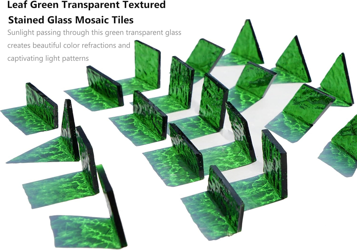 200G Large Size Transparent Glass Mosaic Tiles for Crafts, 4 Shapes Textured Cathedral Stained Glass Mosaic Pieces for Mosaic Art Decor, Leaf Green