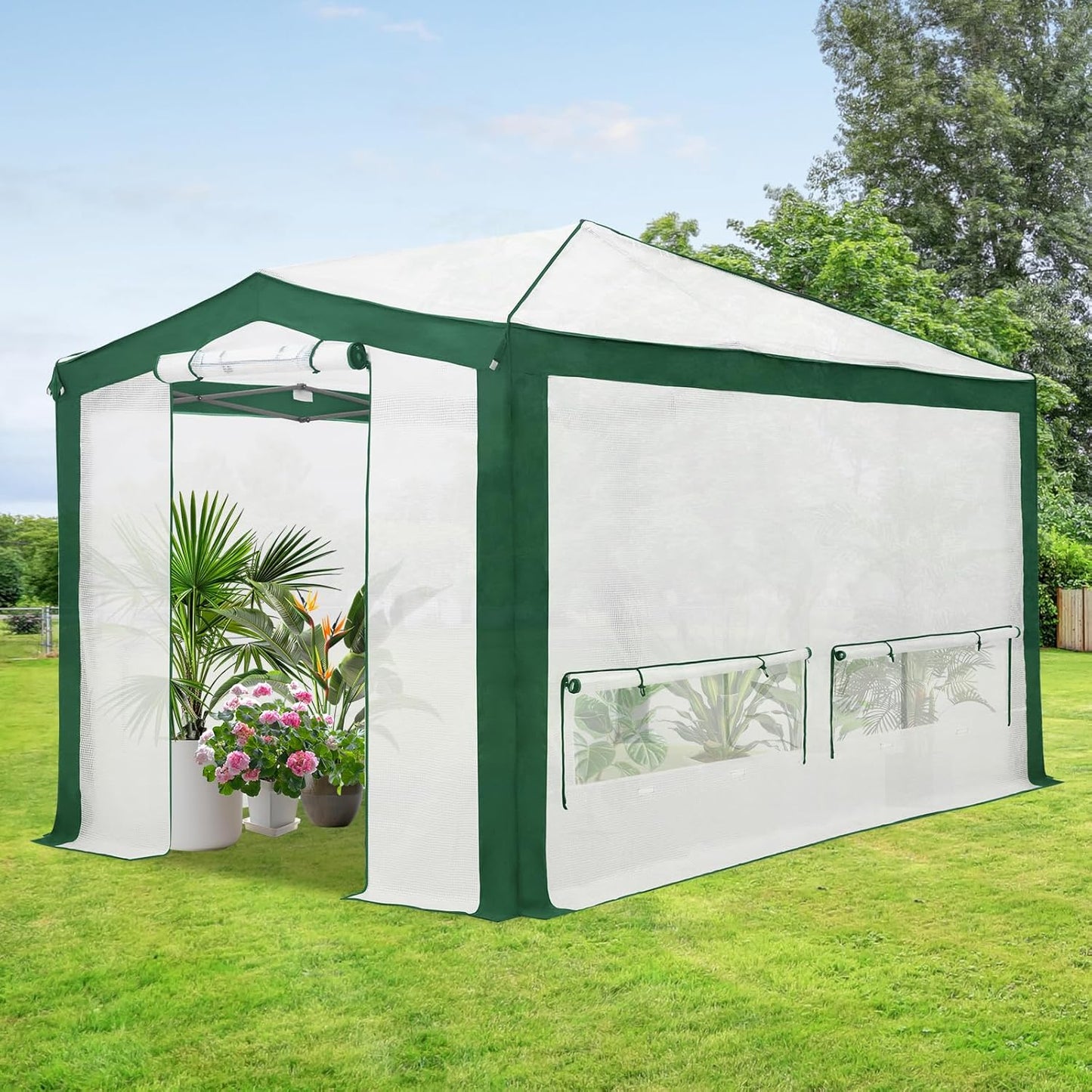 EAGLE PEAK 12x8 Portable Walk in Greenhouse with Polyester Reinforced Corners, Instant Pop up Indoor Outdoor Gardening Green House, Roll Up Zipper Entry Doors and Mesh Windows, Green/White