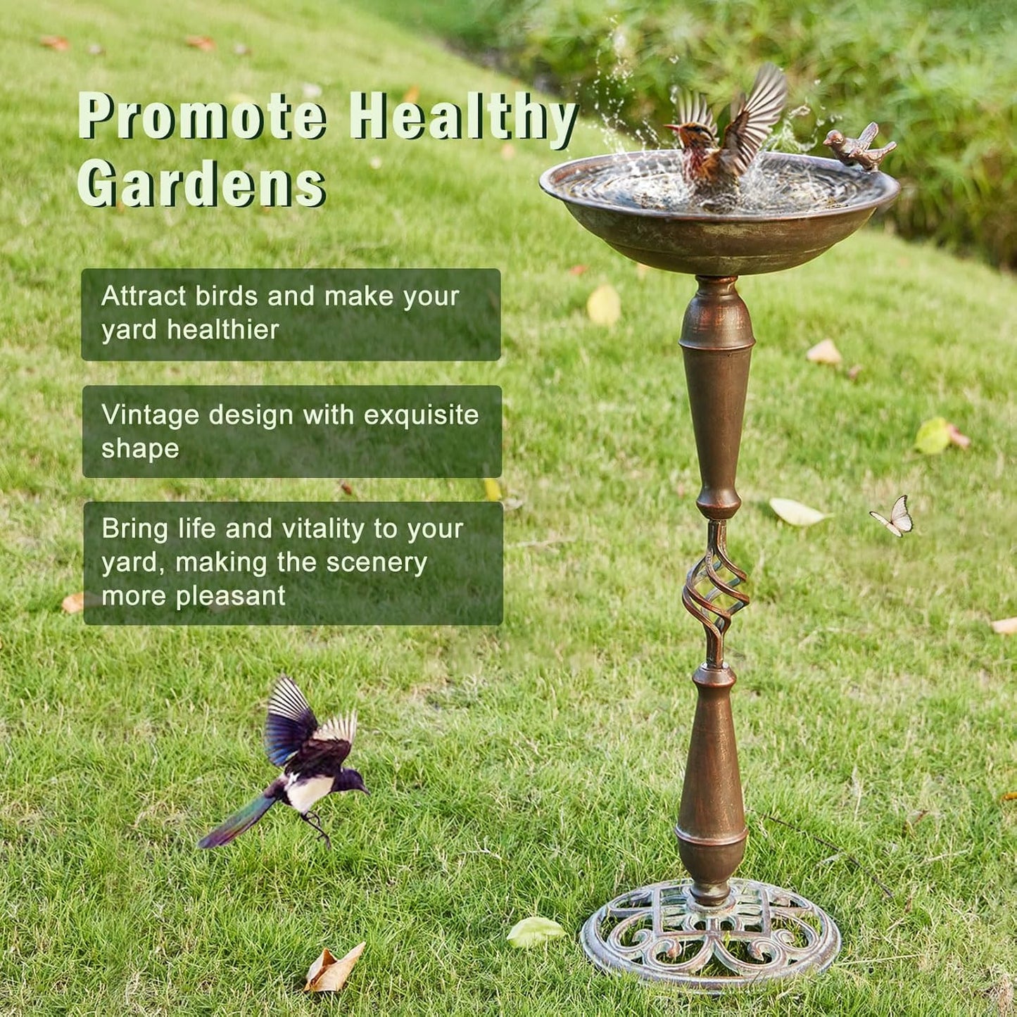27.5’’H Cast Iron Pedestal Bird Bath，Metal Bird Bath for Outdoor，Vintage Metal Bird Bath Garden Decoration