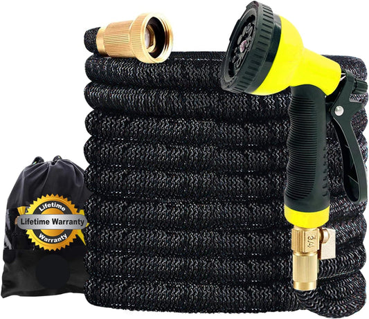 J&B XpandaHose 75ft Expandable Garden Hose with Holder - Heavy Duty Superior Strength 3750D - 4 -Layer Latex Core - Extra Strong Brass Connectors and 10 Spray Nozzle w/Storage Bag (Black 75)