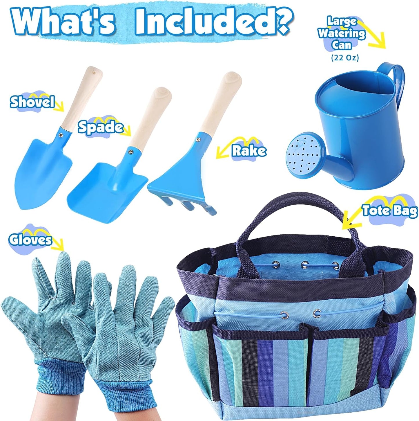 Kids Gardening Tools Set, Toddler Play Kit Child Outdoor Toy with Gloves, Watering Can, Metal Shovel, Rake, Spade & Storage Bag, Backyard Sand Digging Birthday for Boys Girls 3-5 (Blue)