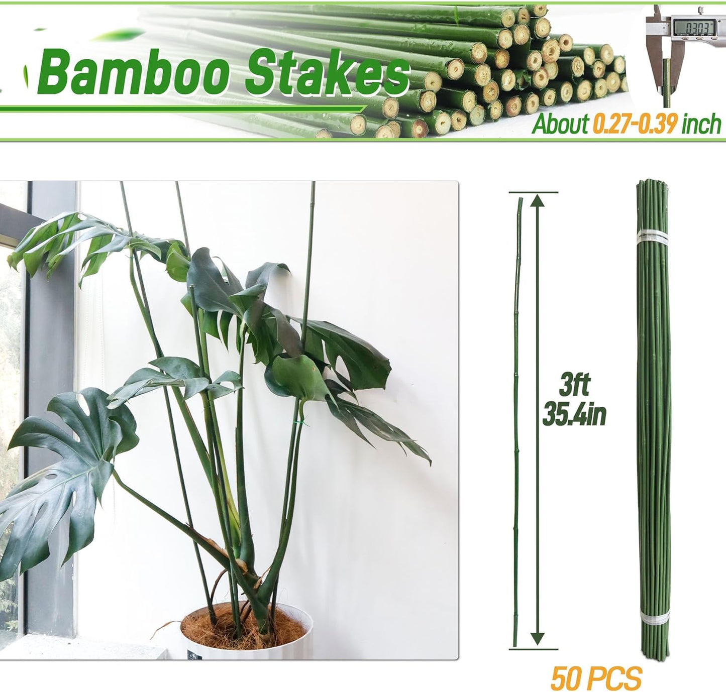 50Pcs 3ft Bamboo Sticks for Indoor Outdoor Plants, 0.29"-0.38" Natural Bamboo Poles, Durable Garden Stakes for Tomatoes, Beans, Flowers and Potted Plants