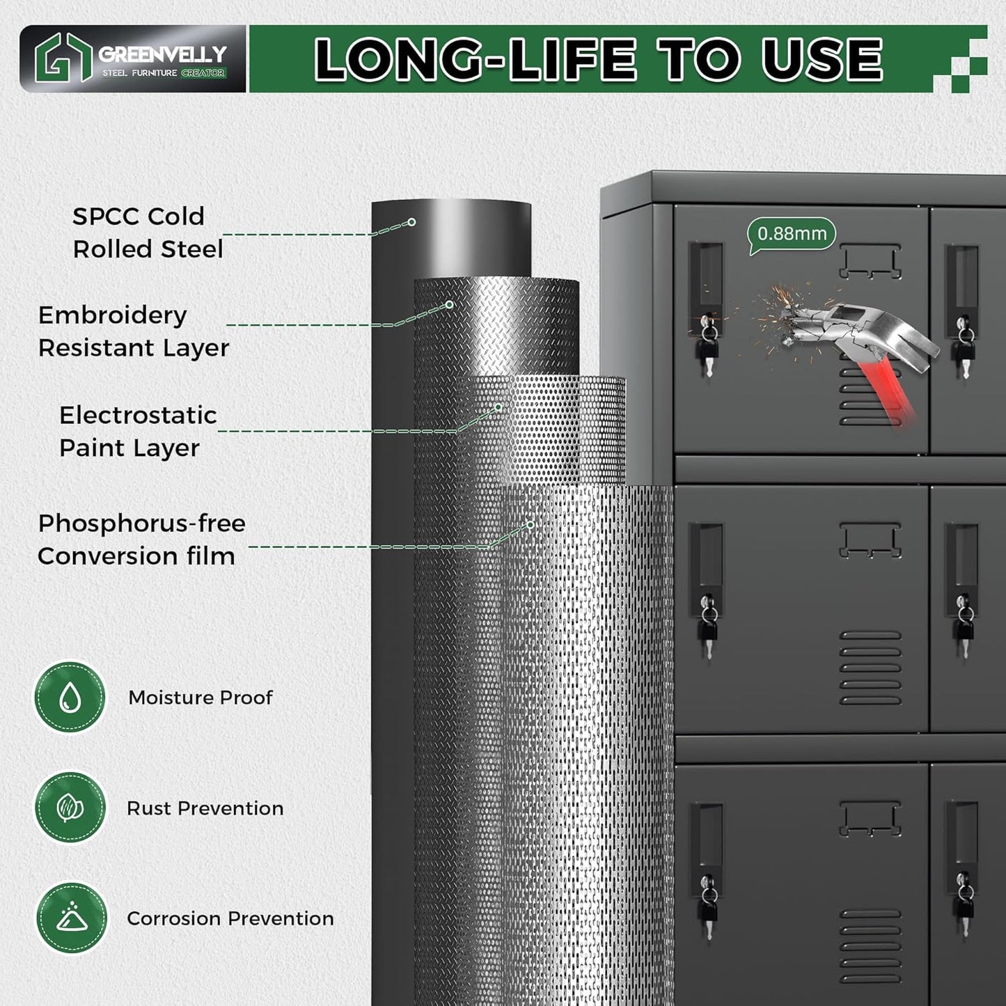 Greenvelly 9 Door Storage Locker for Employee, Metal Locker for Office, Gym, Shool, Lockable Black Steel Locker with Lock and Card Slot for Home,Garage