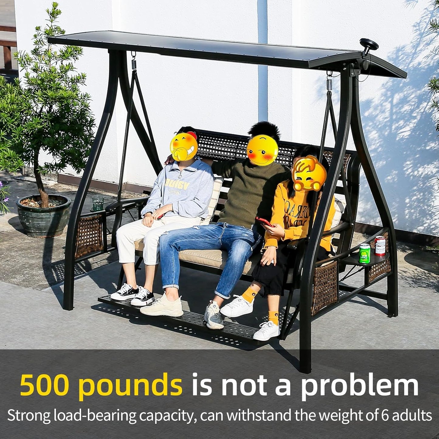 2/3-Seat Outdoor Patio Porch Swing with Adjustable Aluminum Alloy Canopy Solar Patio Swing Chair Bench with Footrest Side Cup Holder for Backyard Lawn (Heart of Ocean-2 Seat)