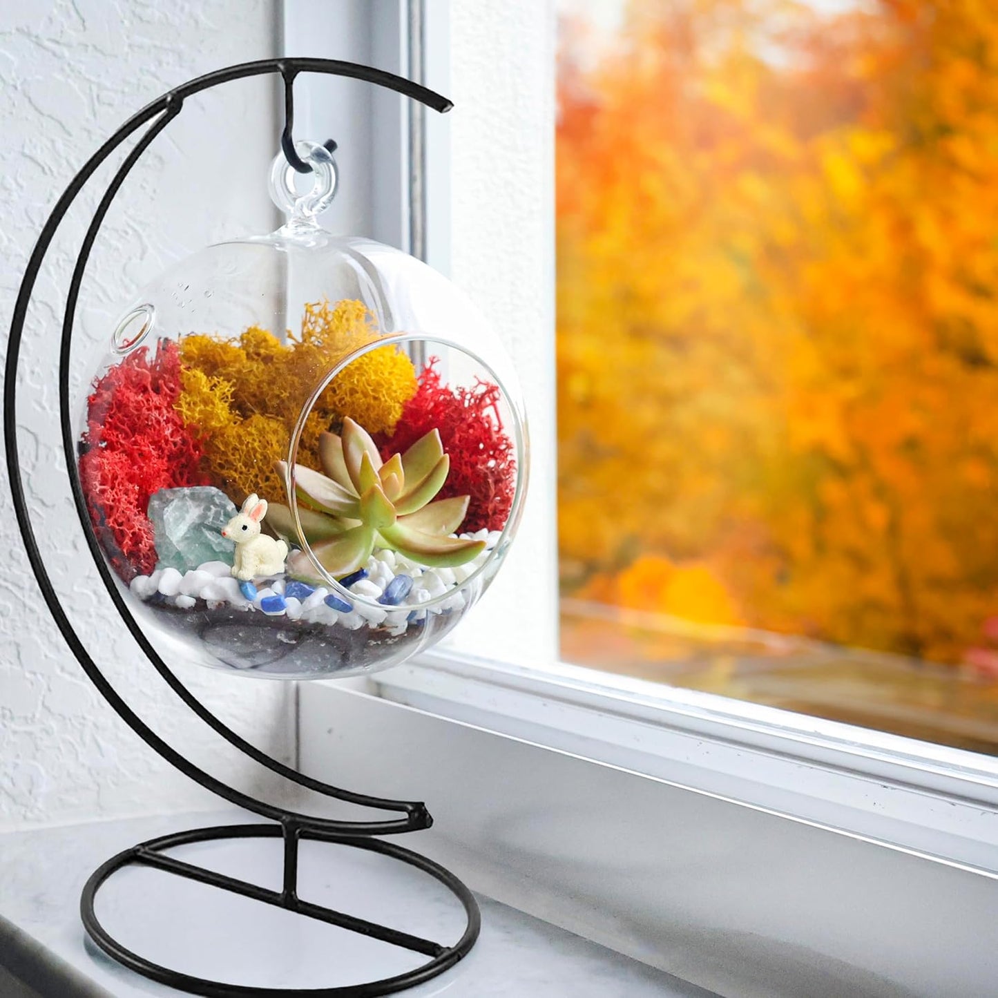 5" DIY Globe Terrarium Kit - Hanging Glass Planter with Stand for Adults & Kids - Build Your Own Mini Ecosystem with Moss, Crystals, Tools & Figurine - Handcrafted in USA