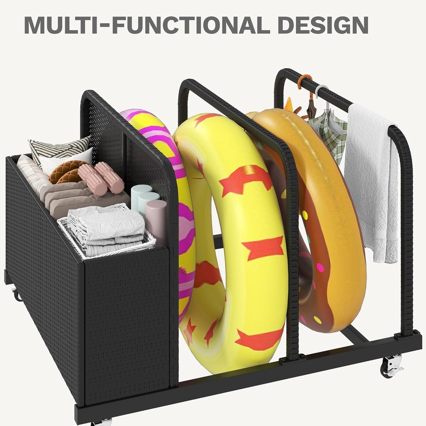 DWVO Pool Float Storage, Pool Storage Bin with PE Rattan,Pool Storage for cushions, Floaties, Noodles, Life Vests, Beach Balls, Patio Furniture (Black)