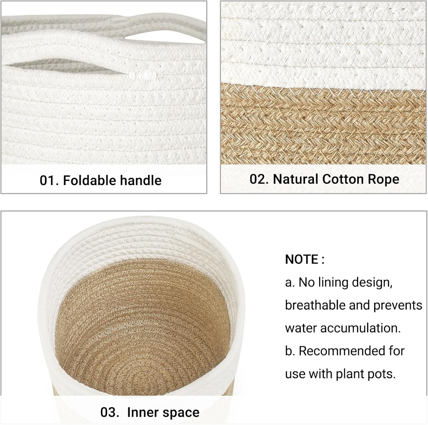 Dahey Jute Spliced Cotton Rope Plant Basket Modern Woven Storage Basket for 12" Floor Indoor Planter, Decorative Flower Pots Cover Laundry Bin with Handle Rustic Home Decor, White and Beige