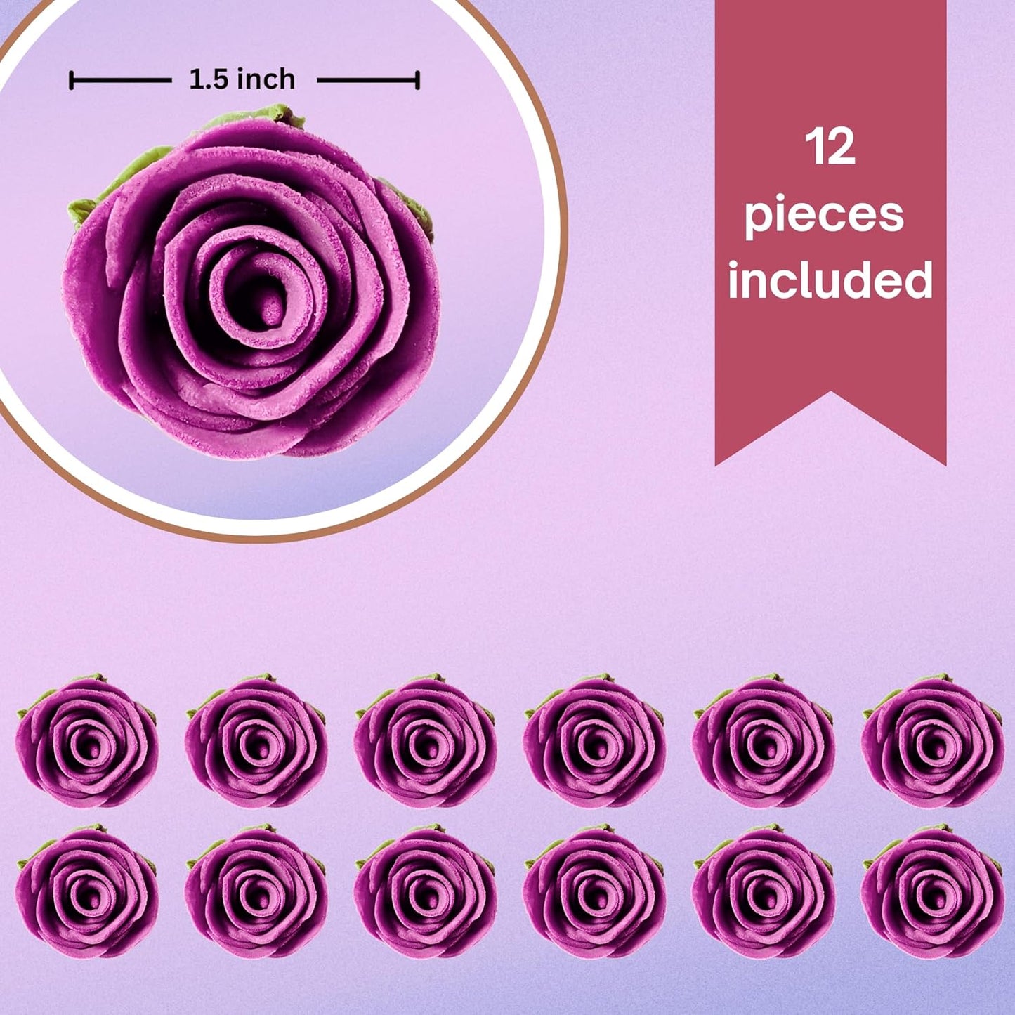 Confect Edible Rose Cake Toppers For Cupcakes & Doughnut Edible Toppers Roses for Cake Decorations - Fuchsia Pink | Vegan, Gluten-Free, Soy-Free, Dairy-Free, Palm Oil-Free -Pack of 12