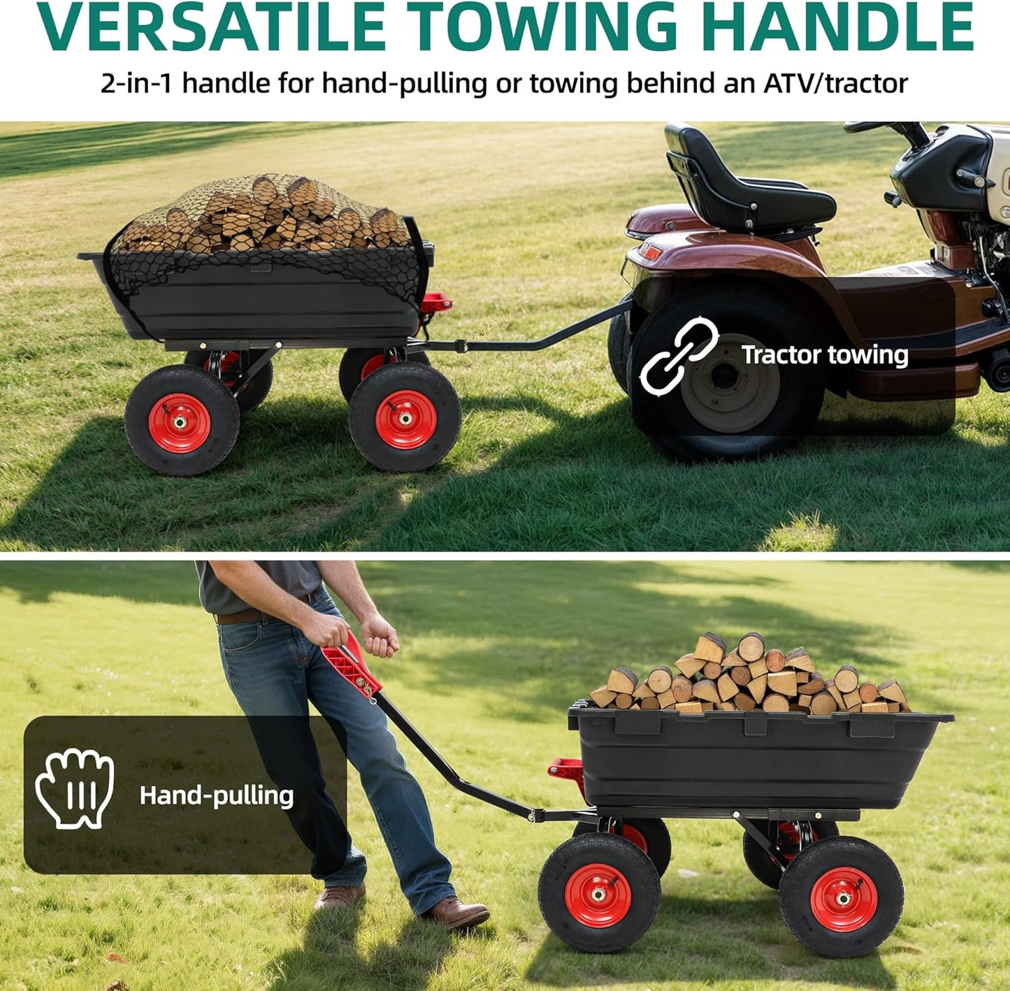 1200lbs Garden Dump Cart,7 Cu.Ft Utility Wagon Cart with Hitch,Heavy Duty Yard Dump Wagon Wheelbarrows with 13" All Terrain Wheels & 2-in-1 Handle,Tow Behind for Lawn Mower Tractor ATV