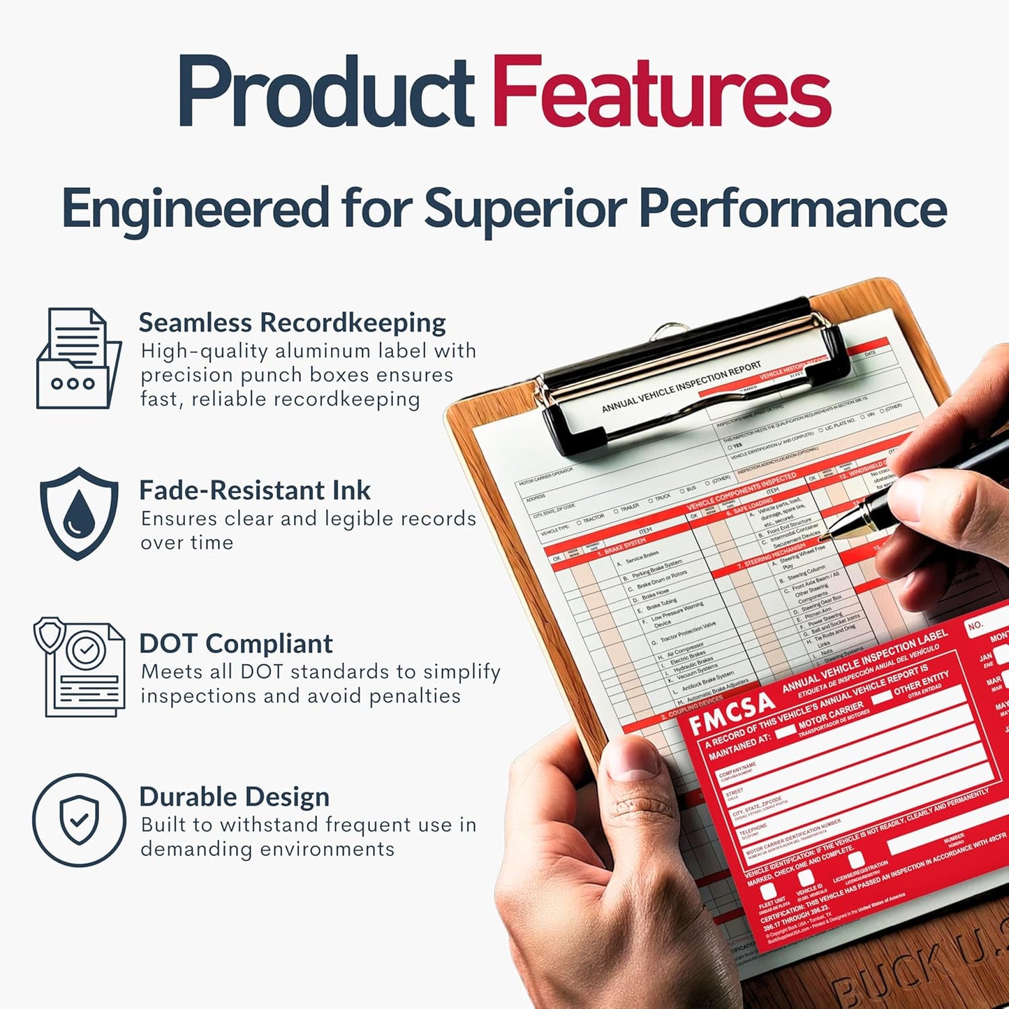 100 Pack Buck Aluminum Annual Vehicle Inspection Label with Punch Boxes, 2 Mil Red FMCSA Self Adhesive Sticker, DOT Compliant, Weatherproof, Tear Resistant, Easy to Write On, 6" x 3.5" - Made in USA