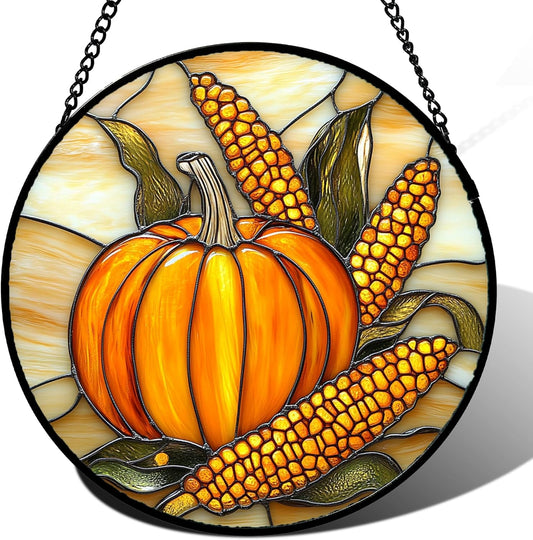 Stained Glass Window Hanging Autumn Harvest Pumpkin Corn 6.3" - Suncatcher Door Garden Kitchen Sunroom Sun Catcher Fall Home Decor Birthday for Mom Grandma Men Woman