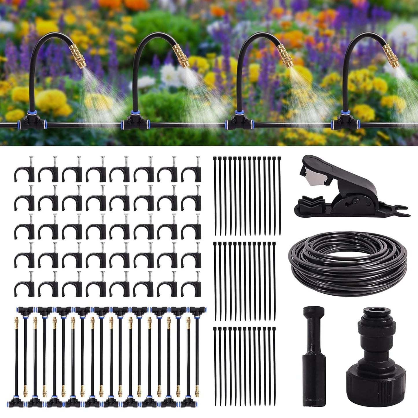 Drip Irrigation Kit, Flexible 360°Adjustable Watering System with Nozzle Control, Misting Hose for Garden, Greenhouse, Lawn, Yard & Potted Plants (65 Feets)