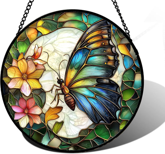 Stained Glass Window Hanging, Butterfly Flower Sun Catchers Diamond Glass Panel Hangings Insect Suncatcher Decor for Birthday for Women, Men, Wife, Aunt, and Mom 15x15 in