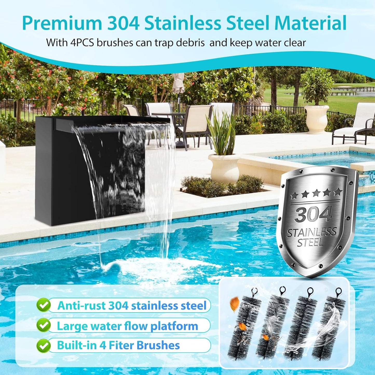 POPOSOAP 70W Solar Pond Waterfall Spillway Kit, 304 Stainless Steel Pondless Waterfall Box with 10FT Corrugated Tubing, 4 Pcs Filter Brushes, 580GPH Solar Powered Water Pump for Garden Ponds