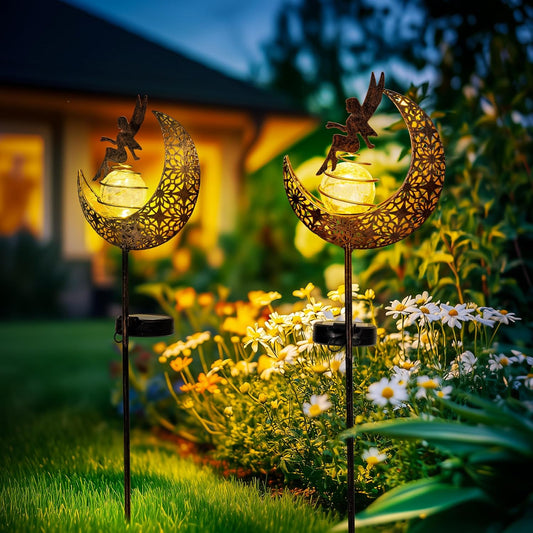 Fairy Garden Solar Lights Outdoor Moon Stakes, Waterproof Outdoor Metal Decor Gifts for Women Mom, Art Moon Sculpture for Yard, Patio, Garden, Porch, 2 Pack