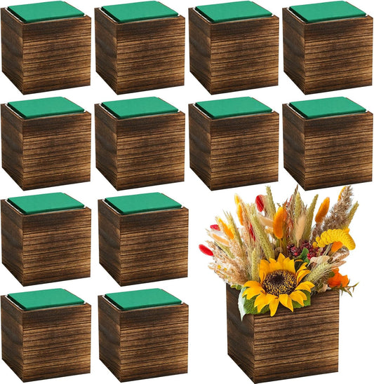 Dandat 12 Set Wood Cube Planter Box Square Wood Vase Rustic Cube Planter Box with Removable Plastic Liner Floral Foam Blocks for Centerpieces Home Wedding Garden Decor, Country Style (Brown)