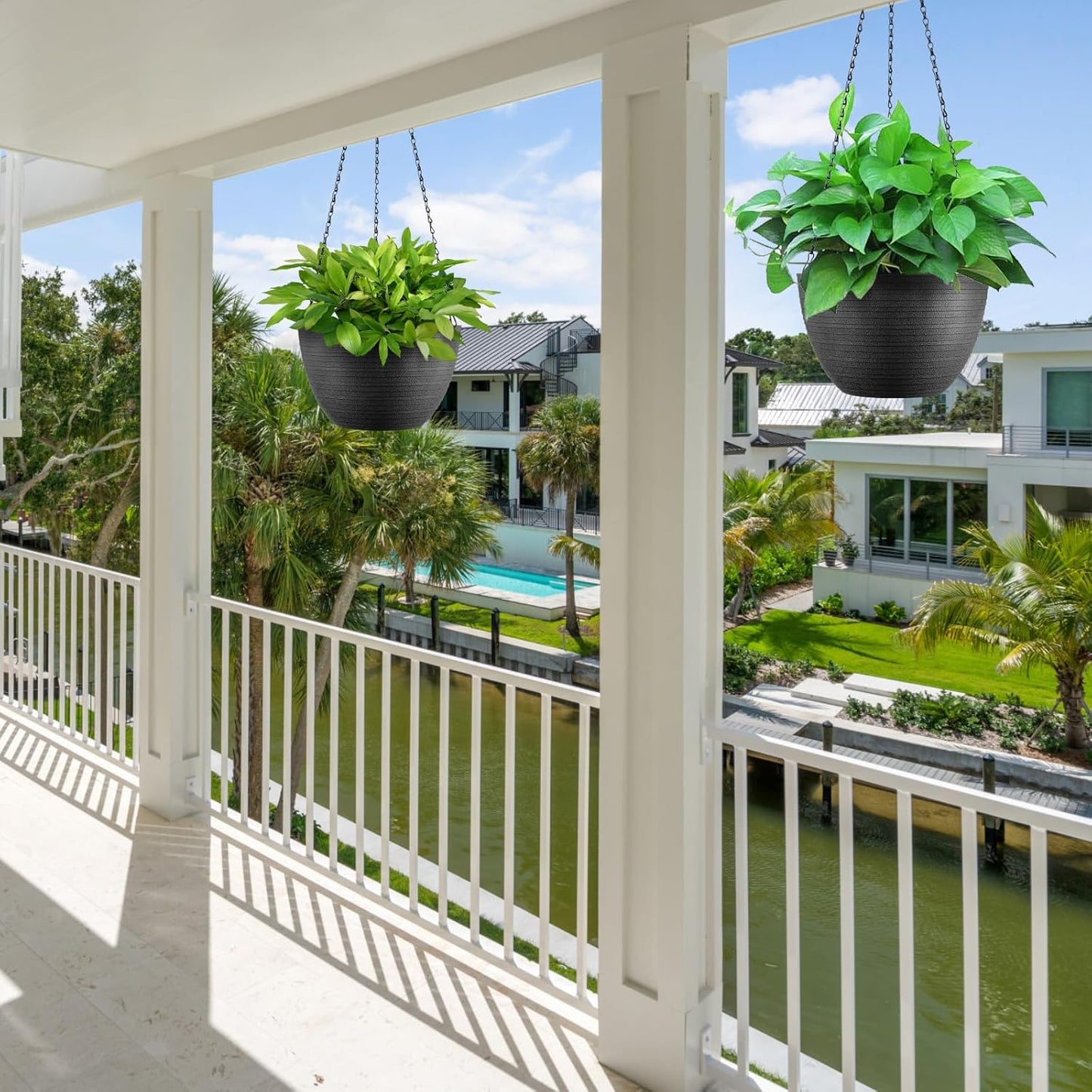 Hanging Planters for Indoor Outdoor Plants, Set of 2 Self Watering Hanging Pots with Drainage Hole & Plug and 20" Chain & Hooks