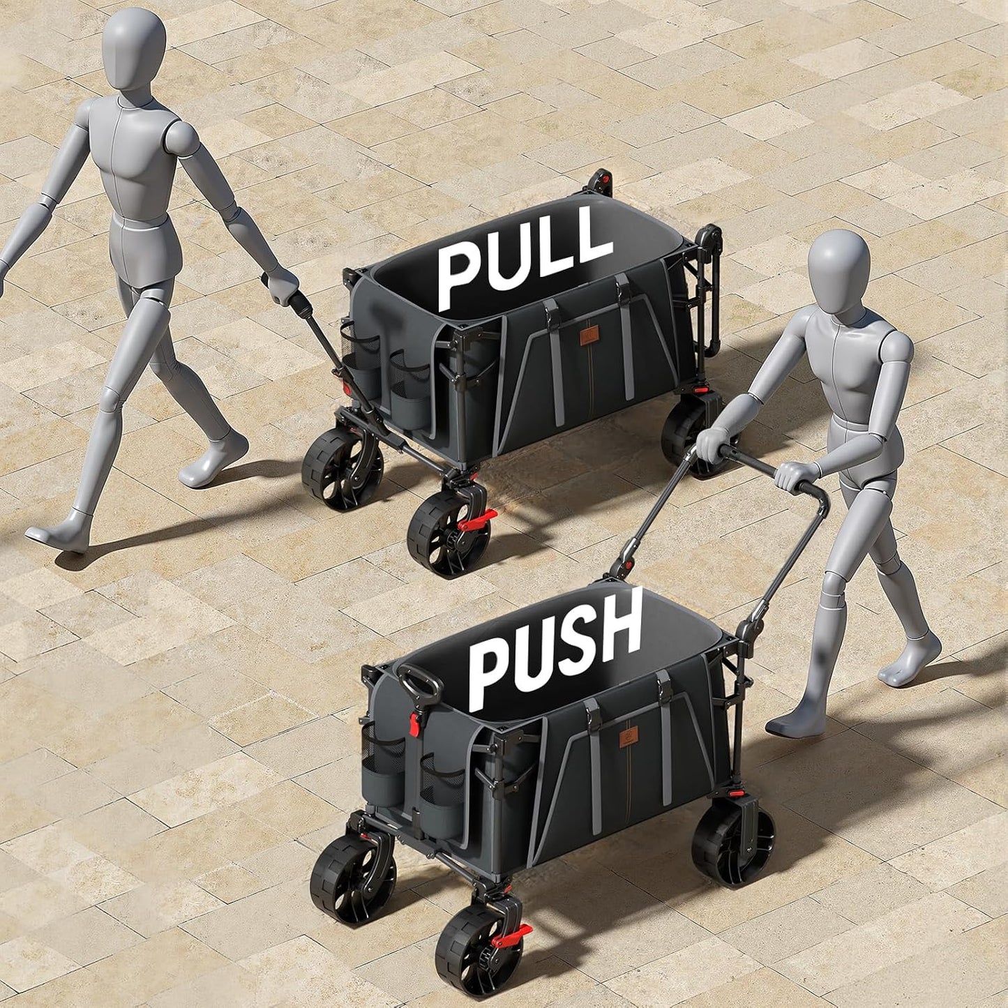 EVER ADVANCED Folding Push Wagon with Brakes, Portable Shopping Cart, Collapsible Wagon Cart with All-Terrain Big Wheels for Camping, Beach, Sports