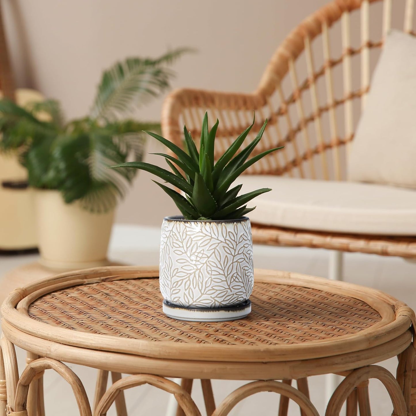 D'vine Dev 4 Inch Embossed Leaves Stoneware Planter Pot with Drainage Hole and Saucer, Smoked White, Set of 2, 27-F-Z-1