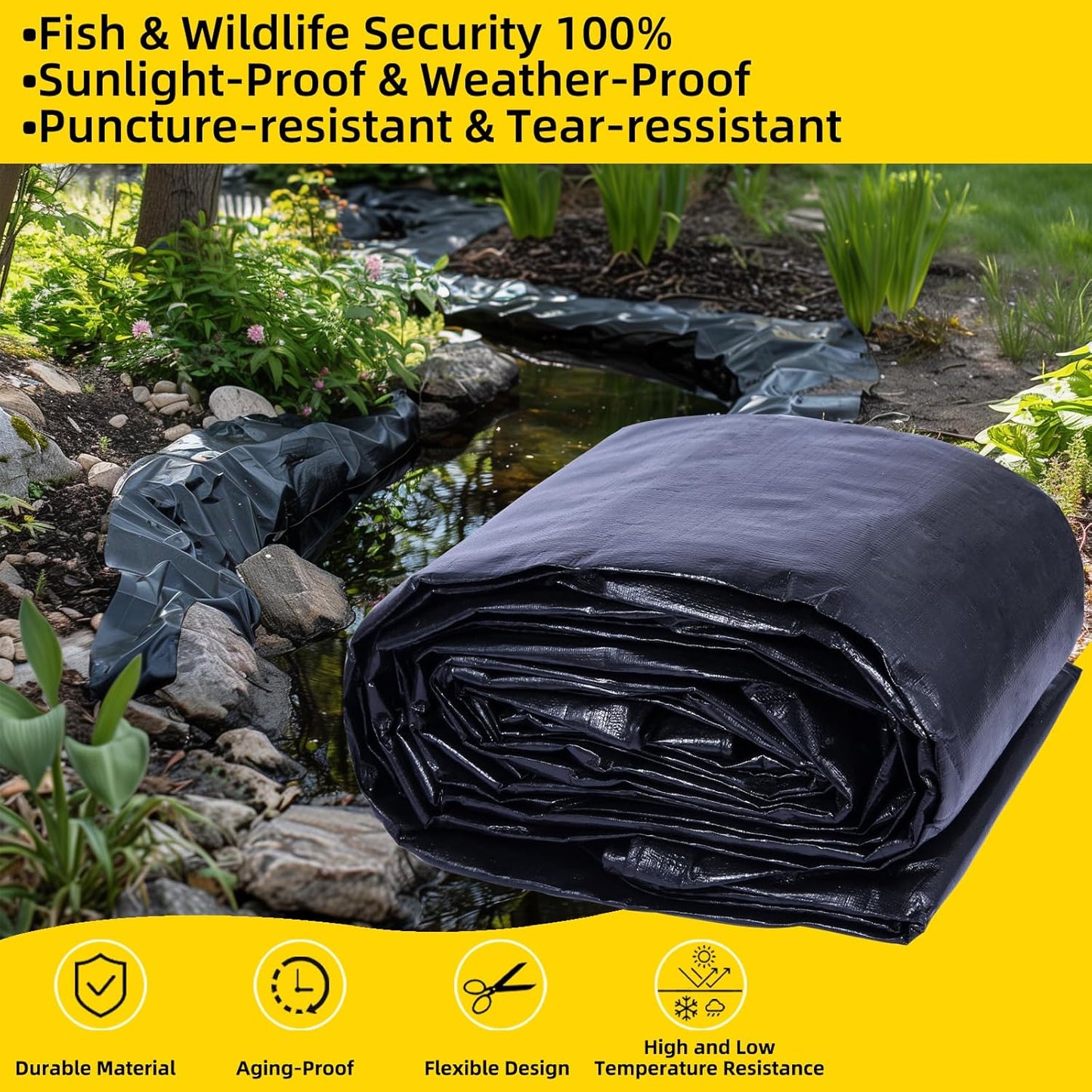 TEZONG Pond Liner,20x30Ft Pond Liners for Outdoor,28Mil PE Black Koi Fish Pond Liners,Reinforced Pond Underlayment for Ponds,Water Gardens,Waterfall, Stream, Fountains,Aquaculture,Agricultural