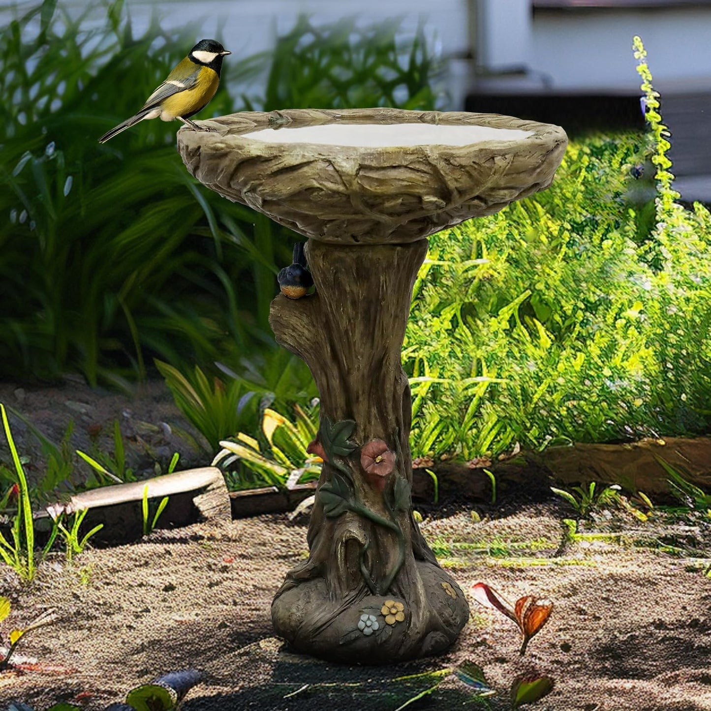 SunJet 25.5 Inch Heigh Wood-Look Concrete Bird Bath with Decorative Faux Bird – birdbath Rustic & Long-Lasting Design, Enhances Garden, Patio, Yard, Lawn Décor