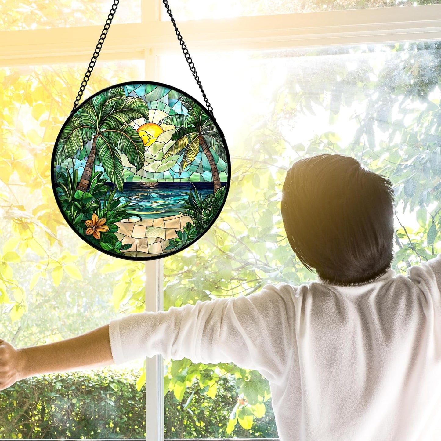 Stained Glass Window Hanging, Green Beach Scenery Suncatcher Diamond Glass Panel Hangings Sun Catchers Decor for Birthday for Women, Men, Wife, Aunt, and Mom 11.8x11.8 in