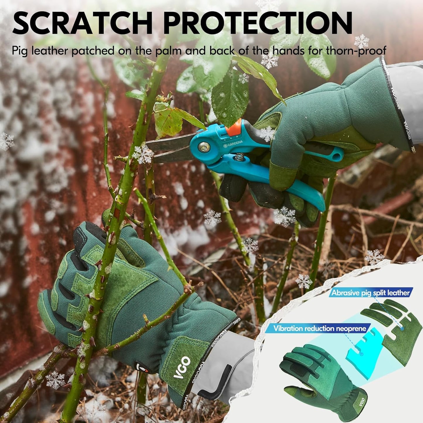 Vgo... Winter Gardening Gloves Women,Safety Work Gloves, Puncture-proof,Thornproof,Touchscreen(1 Pair,M,Green,SL7471FLWP)