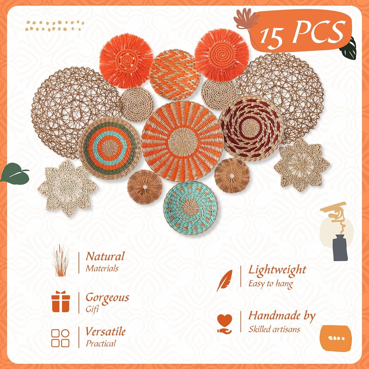 15 Pcs Boho Wall Basket Decor Woven Rattan Seagrass Wall Decor Hanging Rustic Farmhouse Western Art Decoration for Nursery Living Room Bedroom Home Kitchen(Orange Style)