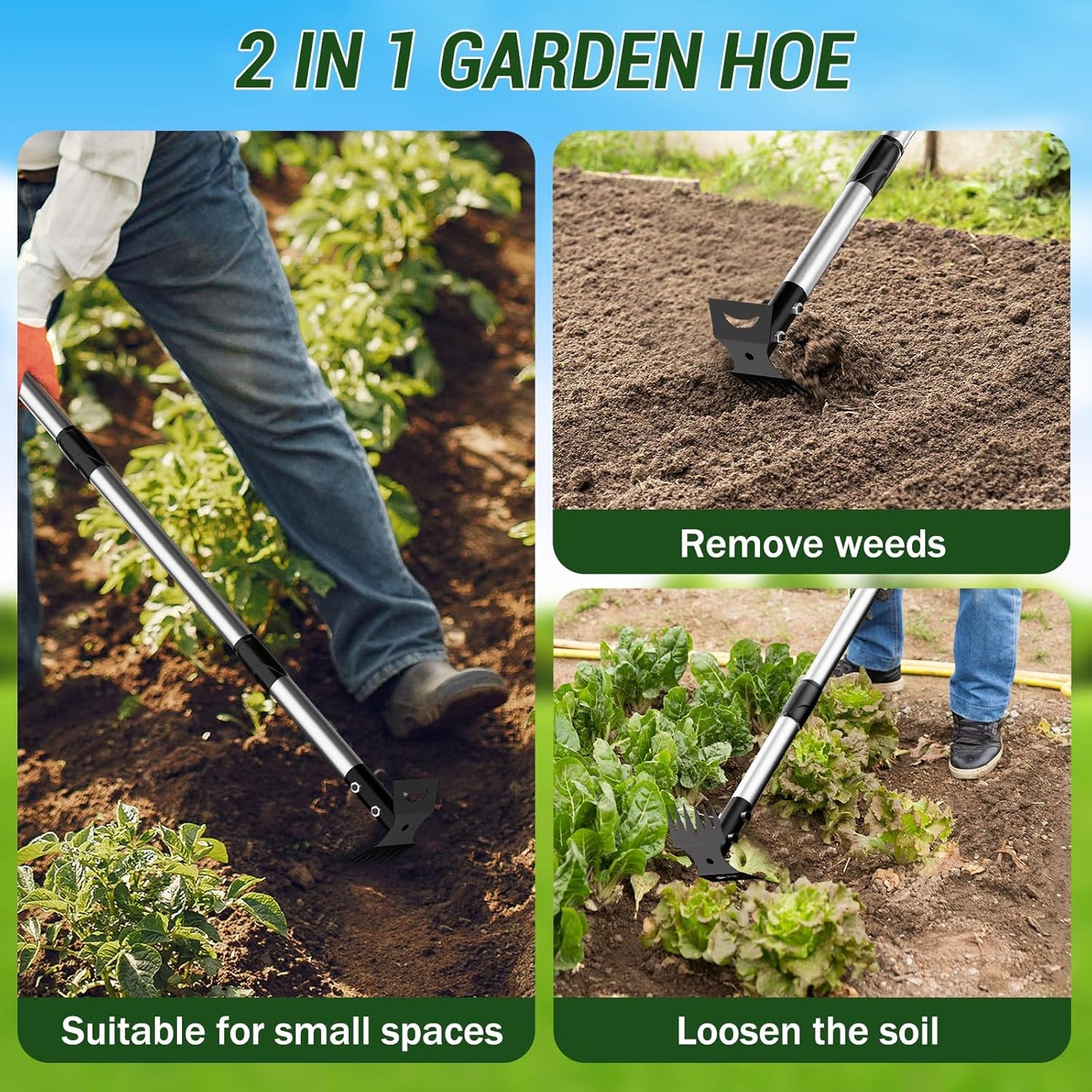 Long Handle Weed Puller Tool – 2-in-1 Handle Garden Hoe and Weed Rake, Hoe Garden Tool for Home Gardens, Lawns, and Yards