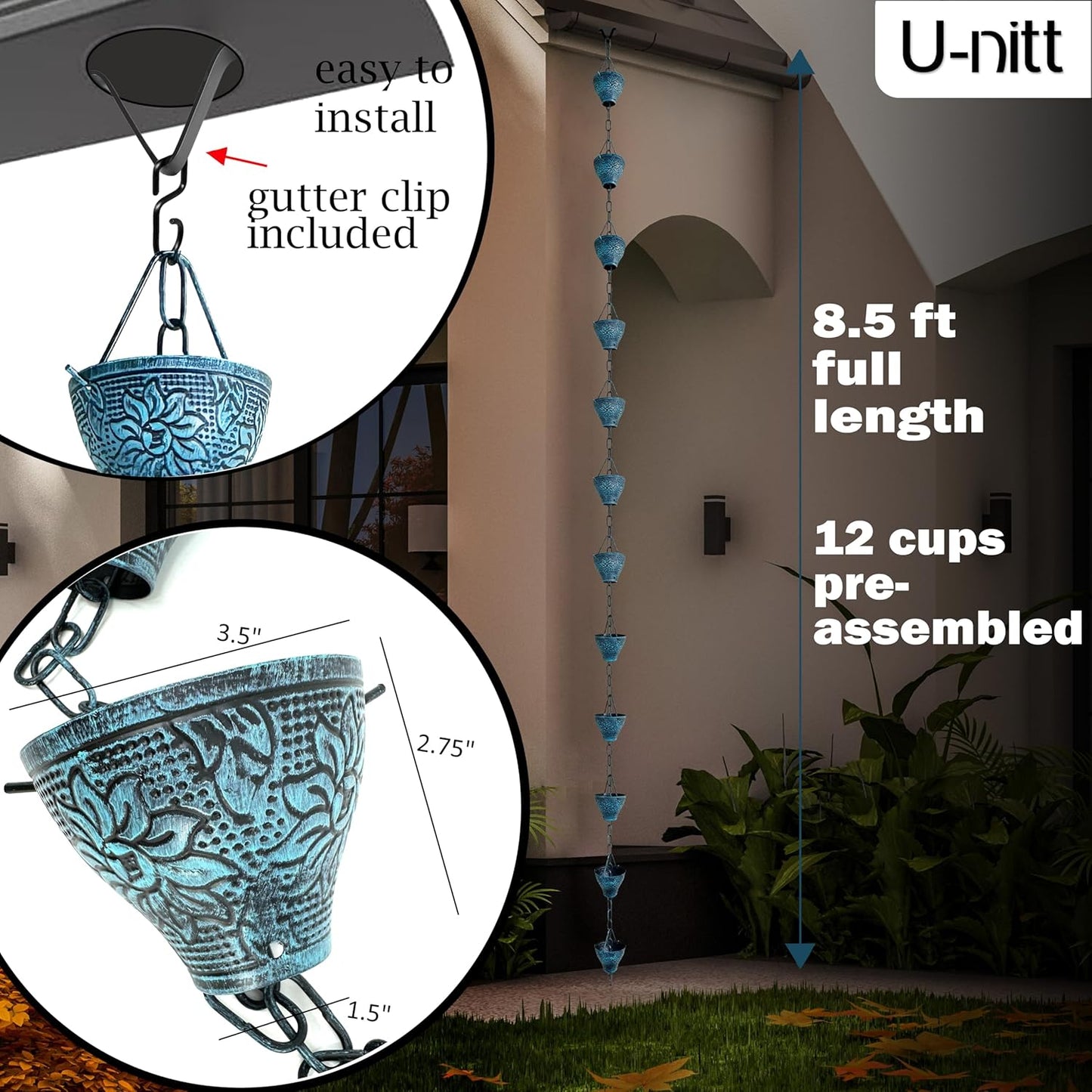 U-nitt Rain Chain Water Collection for Gutters, Rainwater Catcher & Diverter, 8.5 FT Chains for Outside Garden, Sunflower Cups, Roof Downspout, Works with Heavy Rain, w/Gutter Clip for Rainchains