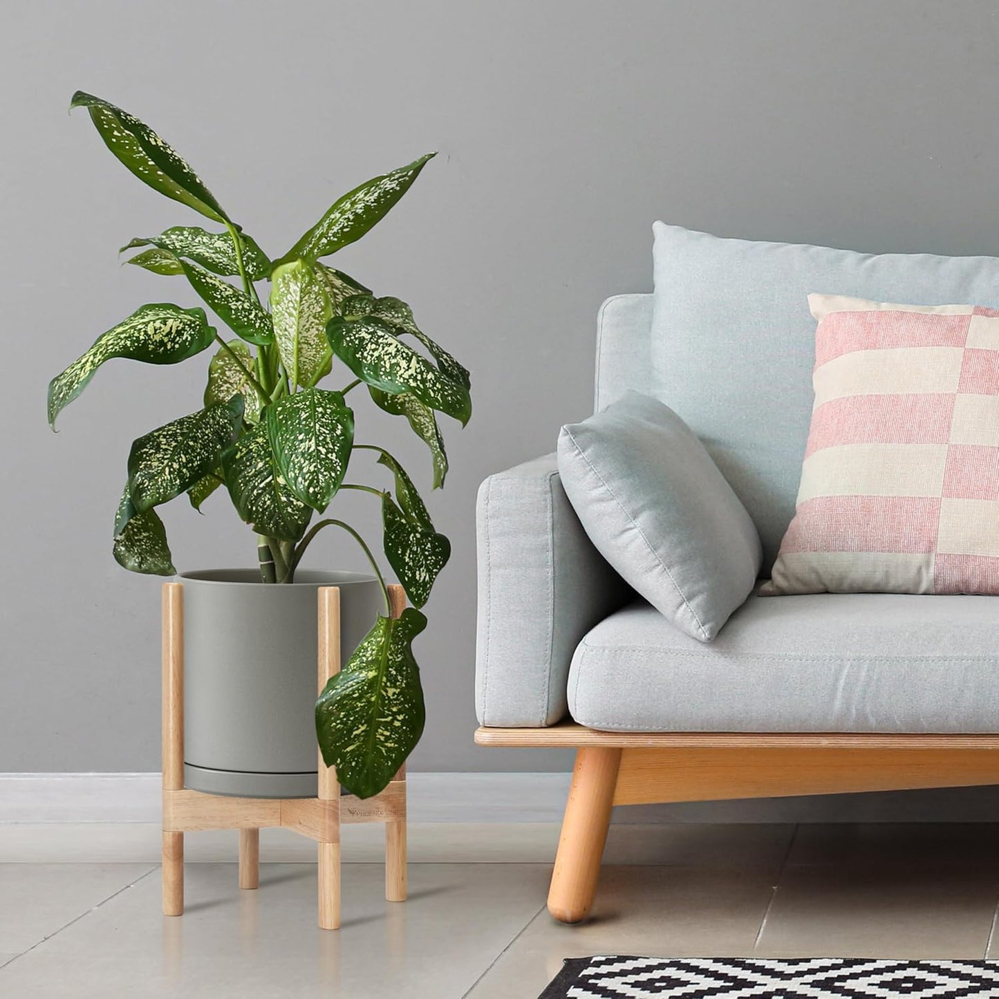 D'vine Dev Ceramic Planter with Natural Stand - 10 Inch Modern Round Flower Pot with Wood Planter Holder, Grey, 55-B-K-3