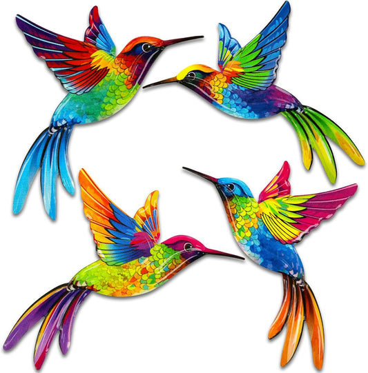 ULENDIS 4 Pack Metal Hummingbird Wall Art Decor, 3D Colorful Birds Outdoor Wall Art Patio Fence Decorations, Wall Hanging Decor for Garden Living Room Balcony(B)