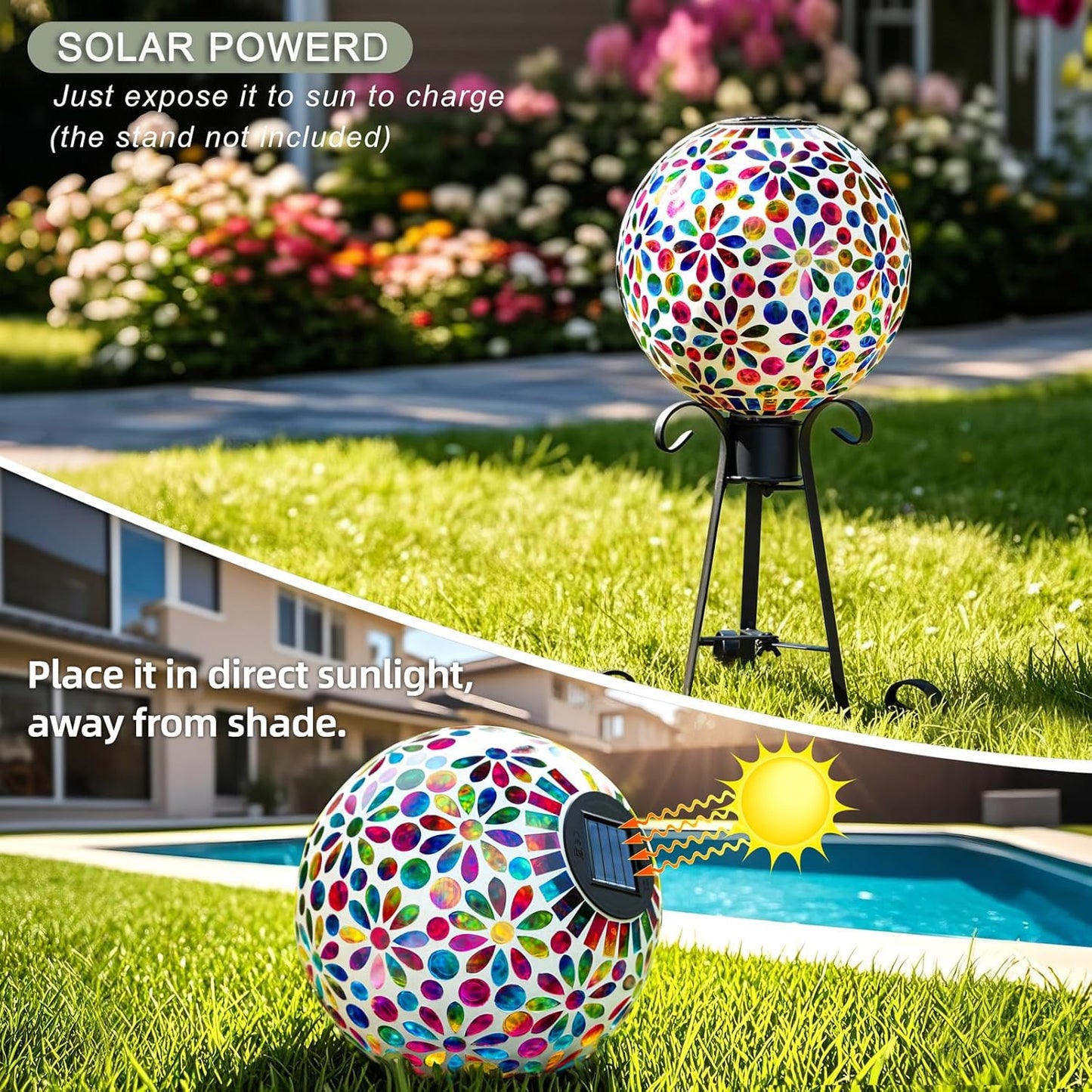 VOREEN 10" Mosaic Glass Gazing Ball with Solar Light, Outdoor Solar Gazing Globe, Handmade IP44 Waterproof Garden Decor Sphere for Patio Yard, Ideal Gift for Mom Wife Friend, Colorful Daisy Design