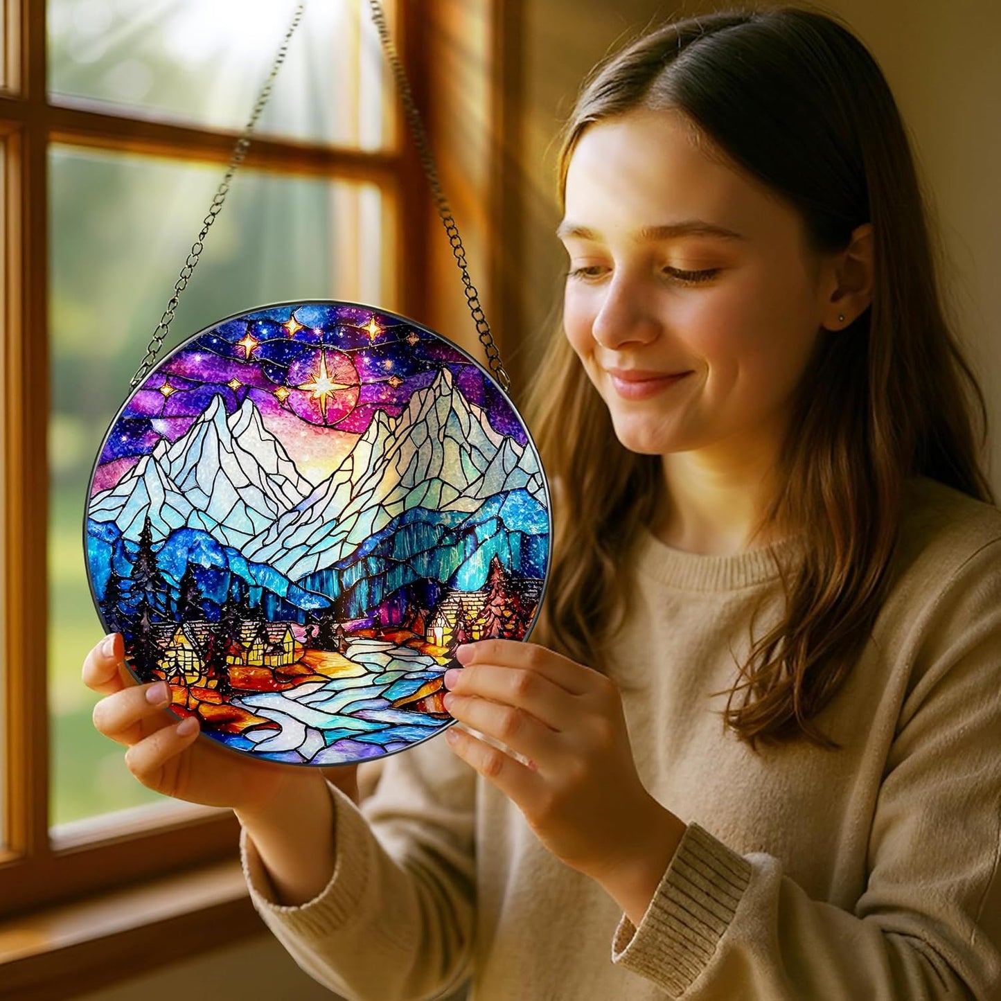 Stained Glass Window Hanging, Pauyadu 8 Inch Night Court Sun Catcher, Stained Glass Suncatcher Ornament, Suncatchers for Windows Hanging, Starlight Lover Gift, Gifts for Women, Friend, Lover