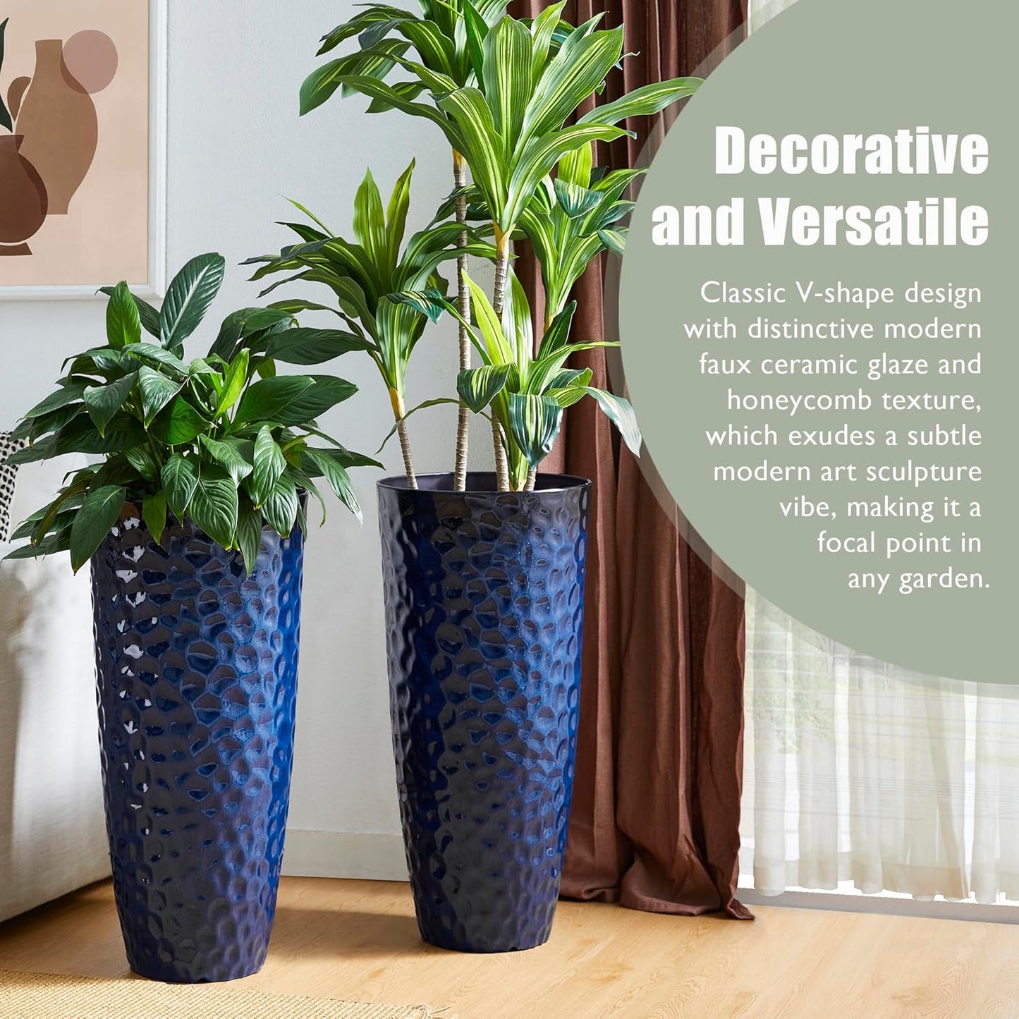 Glitzhome 31" H Oversized Tall Planter, Set of 2 Honeycomb Textured Gradient Cobalt Blue Round Garden Plant Pots with Drainage Holes, Large Flower Containers for Indoor Outdoor Front Door Patio