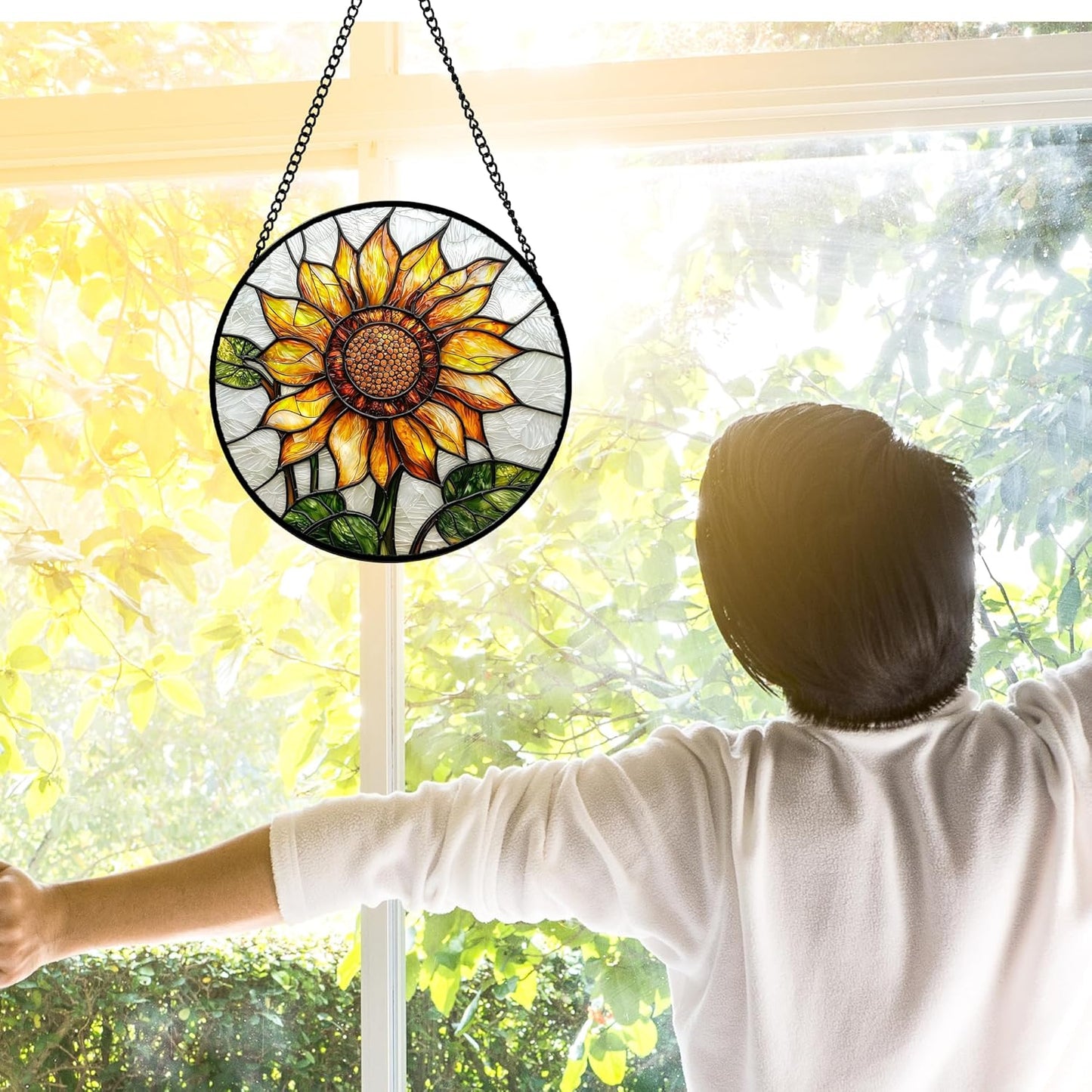 Stained Glass Window Hanging - Sunflower Flower Suncatcher Ready to Hang Window Doors Home Decoration and Christmas, Mother's Day Birthday Gifts for Women, Men, and Mom 9.8x9.8 in