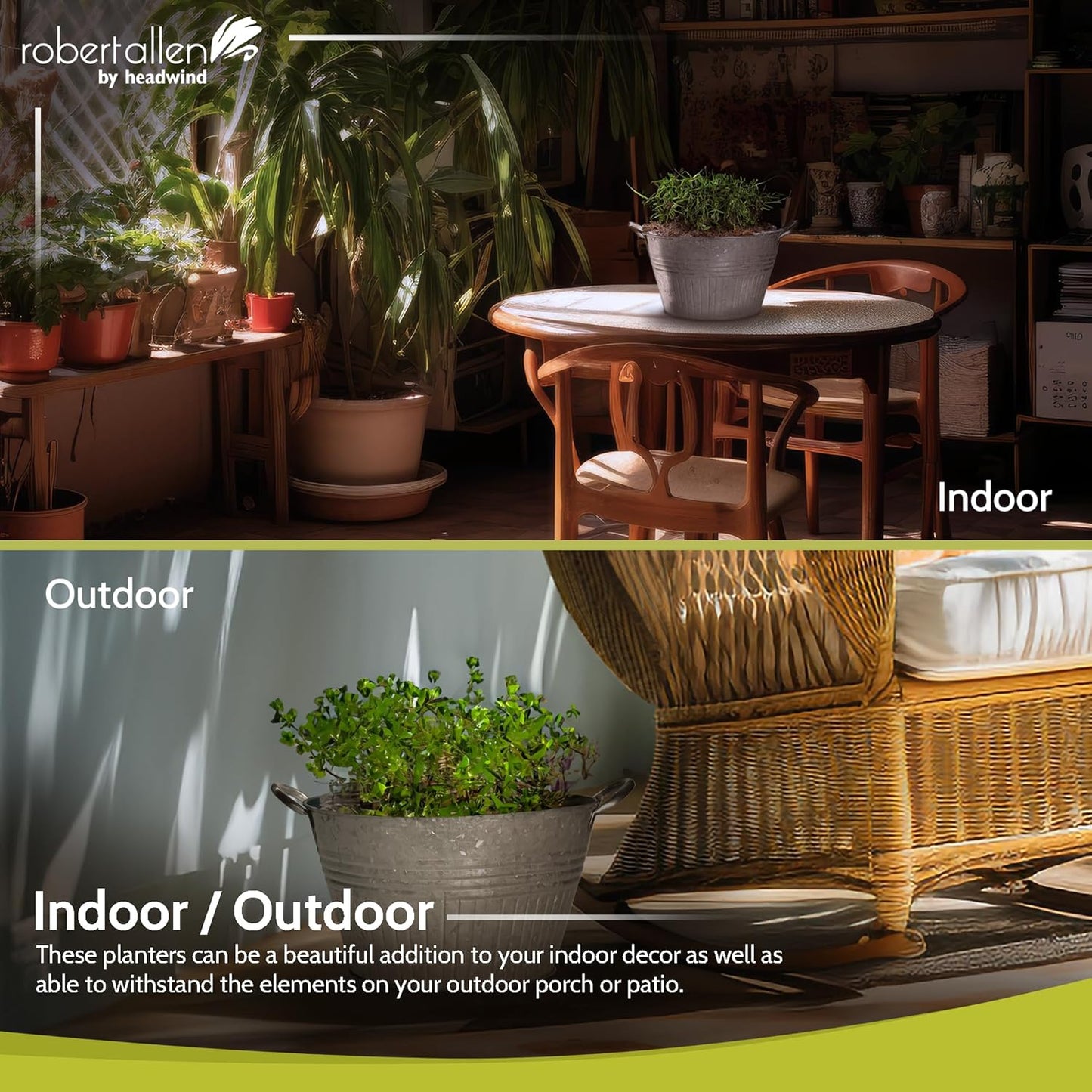 Headwind Round Galvanized Tub Planter with Handles – 16 Inch Lightweight Metal Planter with Drainage Hole – Galvanized Steel Tub for Plants - Metal Flower Pot by Robert Allen