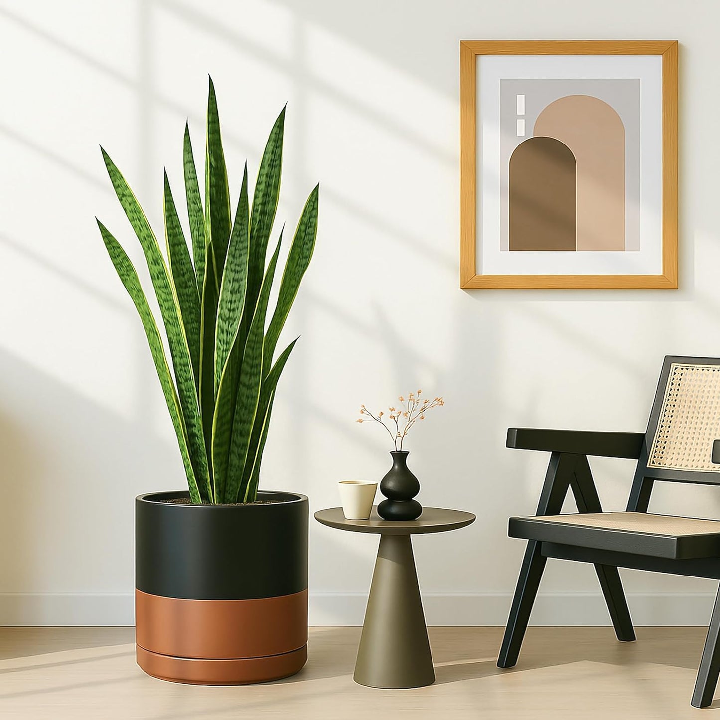 D'vine Dev 12 Inch Ceramic Planter Pot with Drainage Hole and Saucer, Indoor Cylinder Round Planter Pot, Black/Speckled Tan, 94-O-F-7